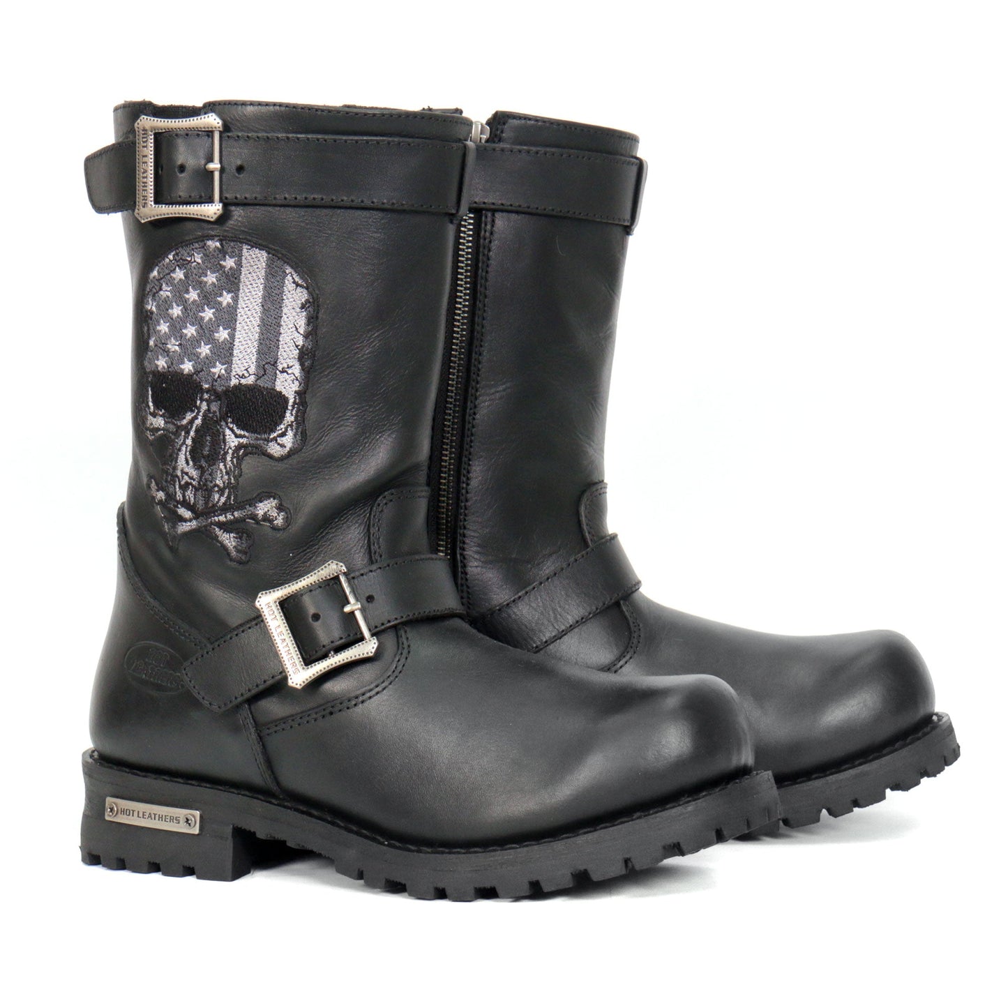 Men’s Black Tall Harness Flag Skull Boot with Round Toe