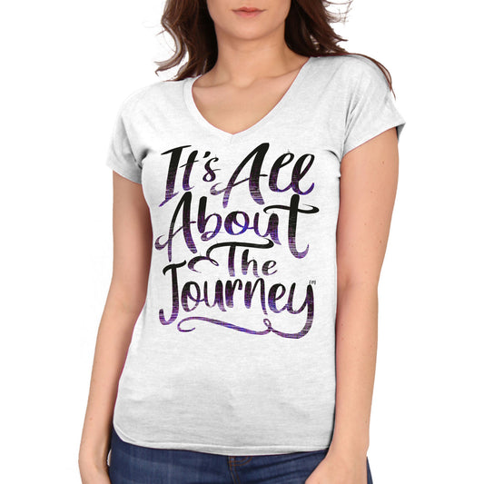 Ladies White It's All About The Journey Short Sleeve V-Neck Shirt