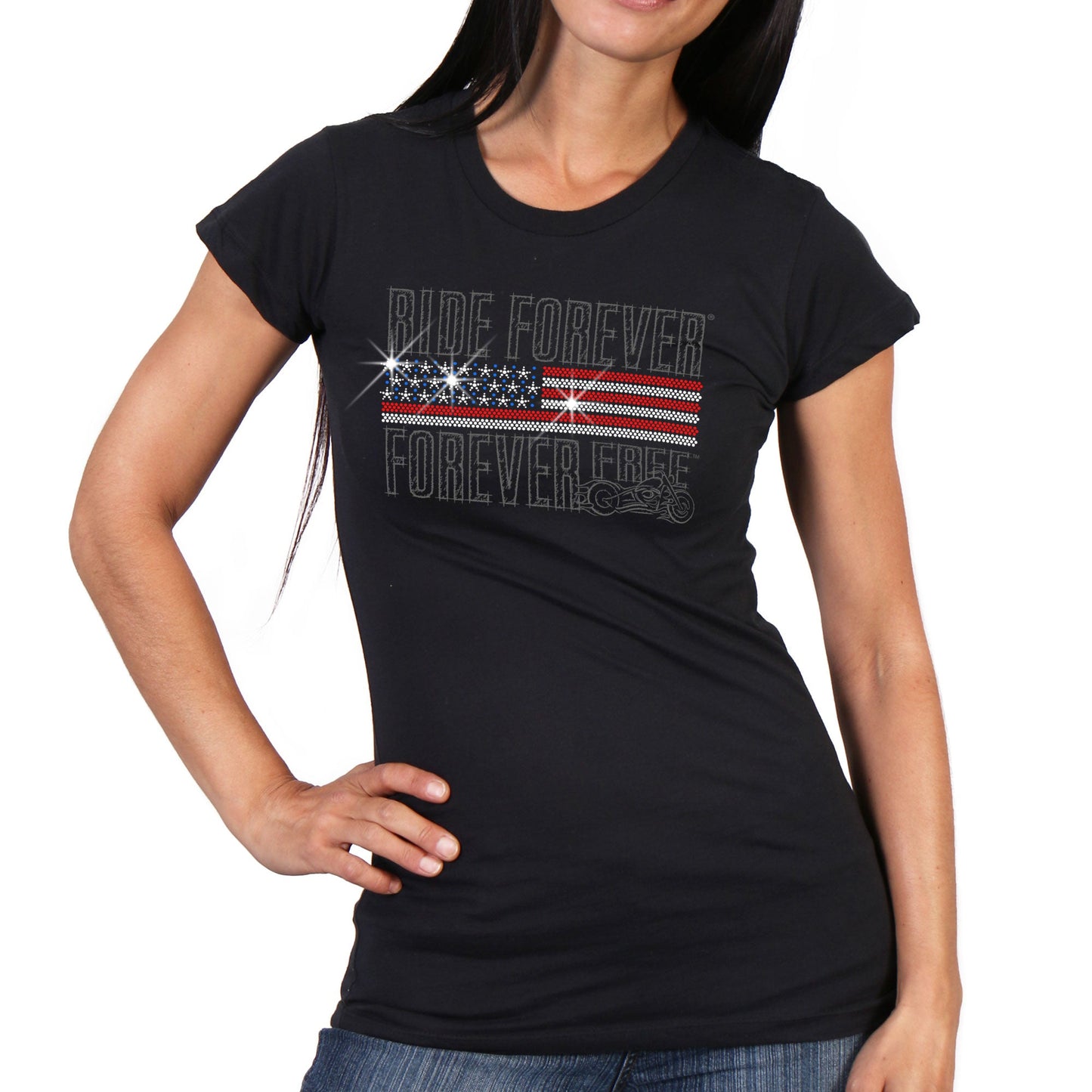 Flag Bling Full Cut Short Sleeve Ladies Black T-Shirt