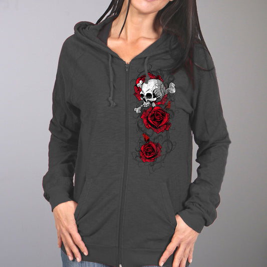 Ladies Skull Roses Dark Gray Hooded Sweatshirt
