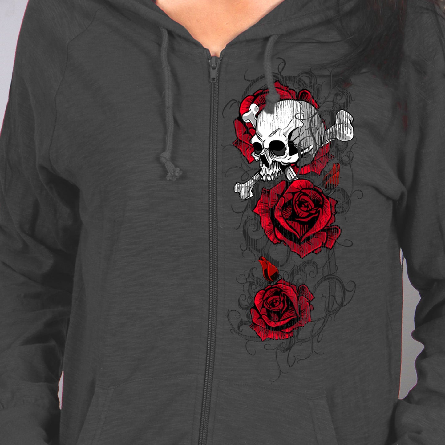 Ladies Skull Roses Dark Gray Hooded Sweatshirt