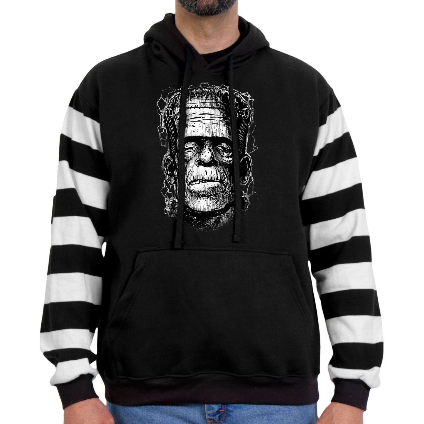 Men's Black and White 'Frankie' Hooded Pullover Sweatshirt with Knit Strip Sleeves