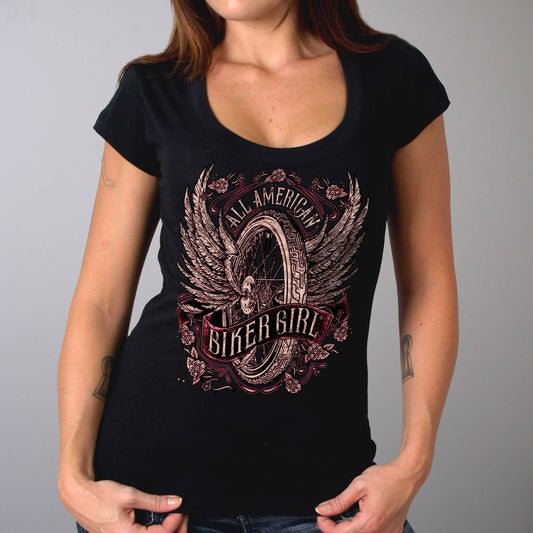 All American Biker Girl Scoop Neck Ladies Black T-Shirt