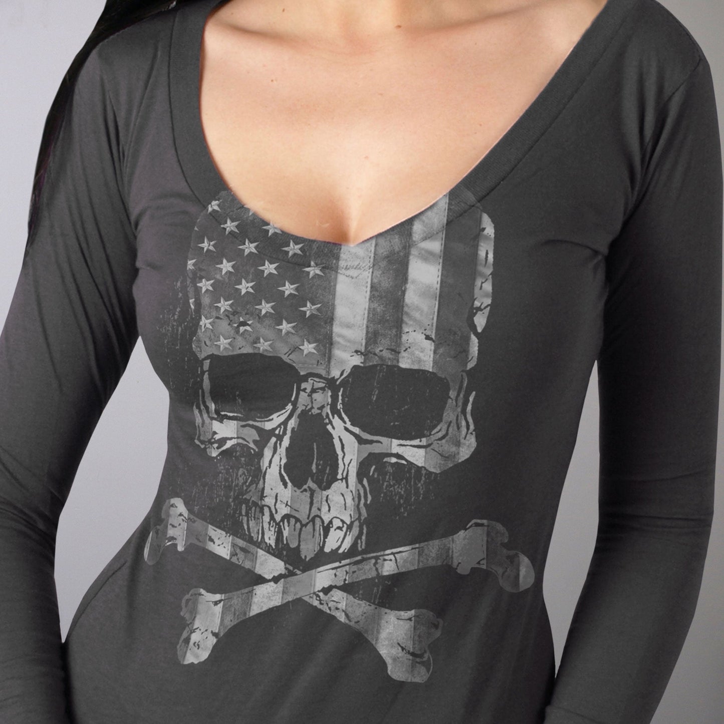 Flag Skull Ladies Smoke Color Long Sleeve Shirt