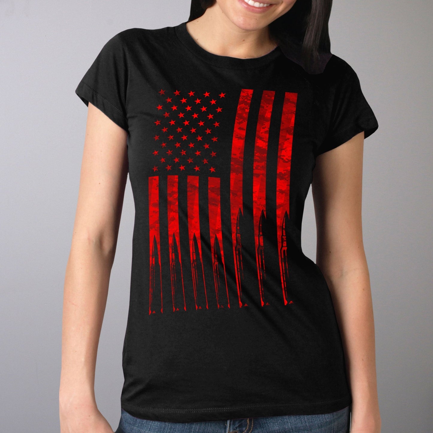 'Flag and Bullets' Full Cut Ladies Black T-Shirt