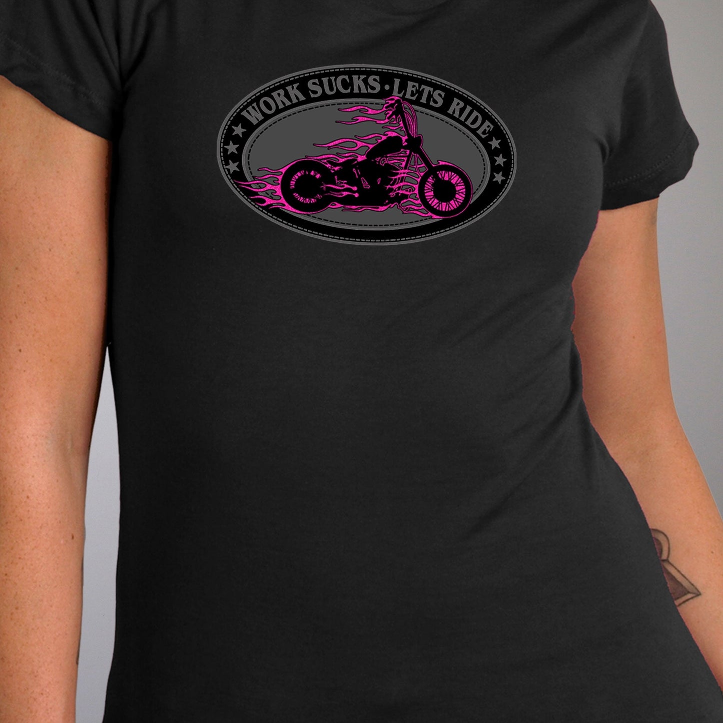 'Work Sucks-Lets Ride Oval' Ladies Black T-Shirt