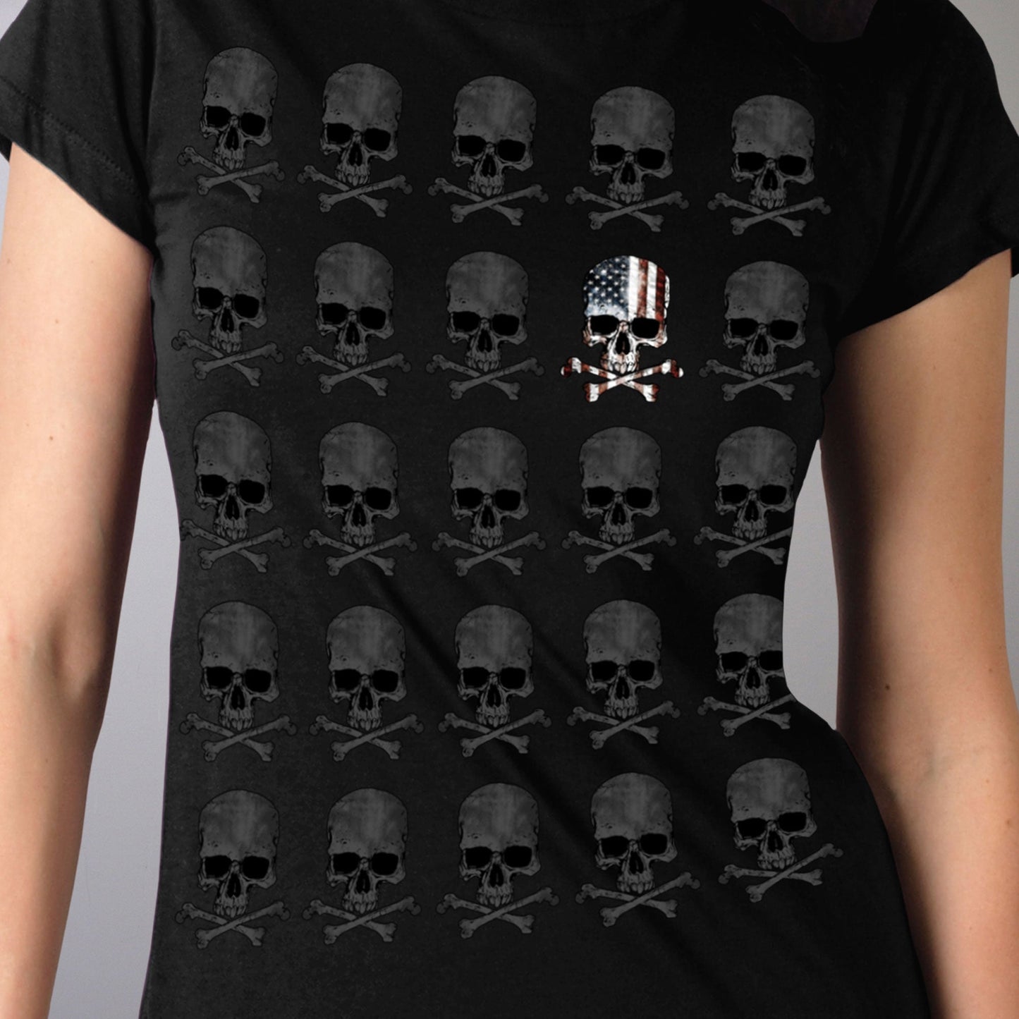 Skull Pattern Full Cut Ladies Black T-Shirt