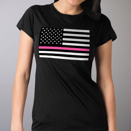 Ladies Full Cut Thin Pink Line American Flag Black T-Shirt