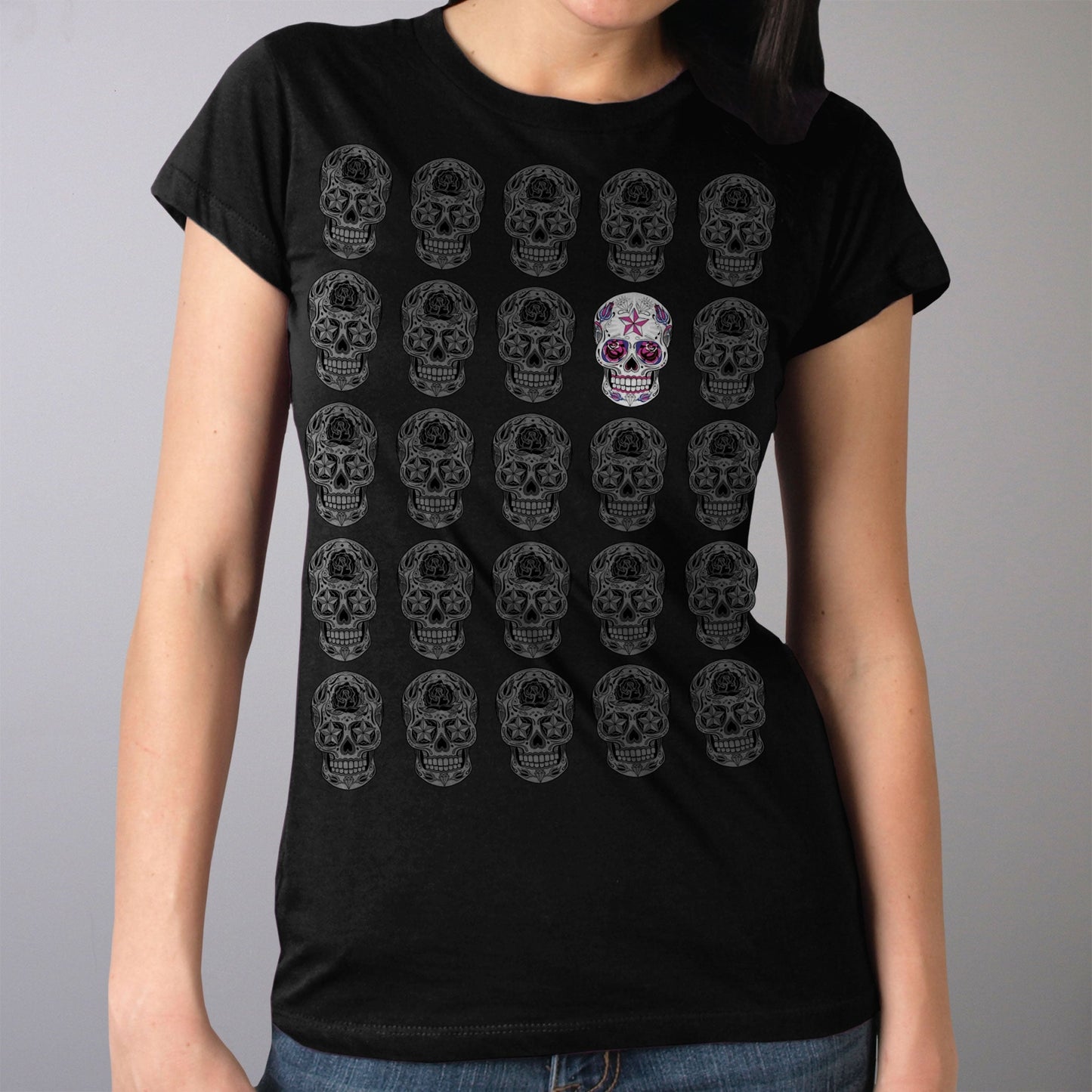 Sugar Skull Pattern Ladies Full Cut Black T-Shirt