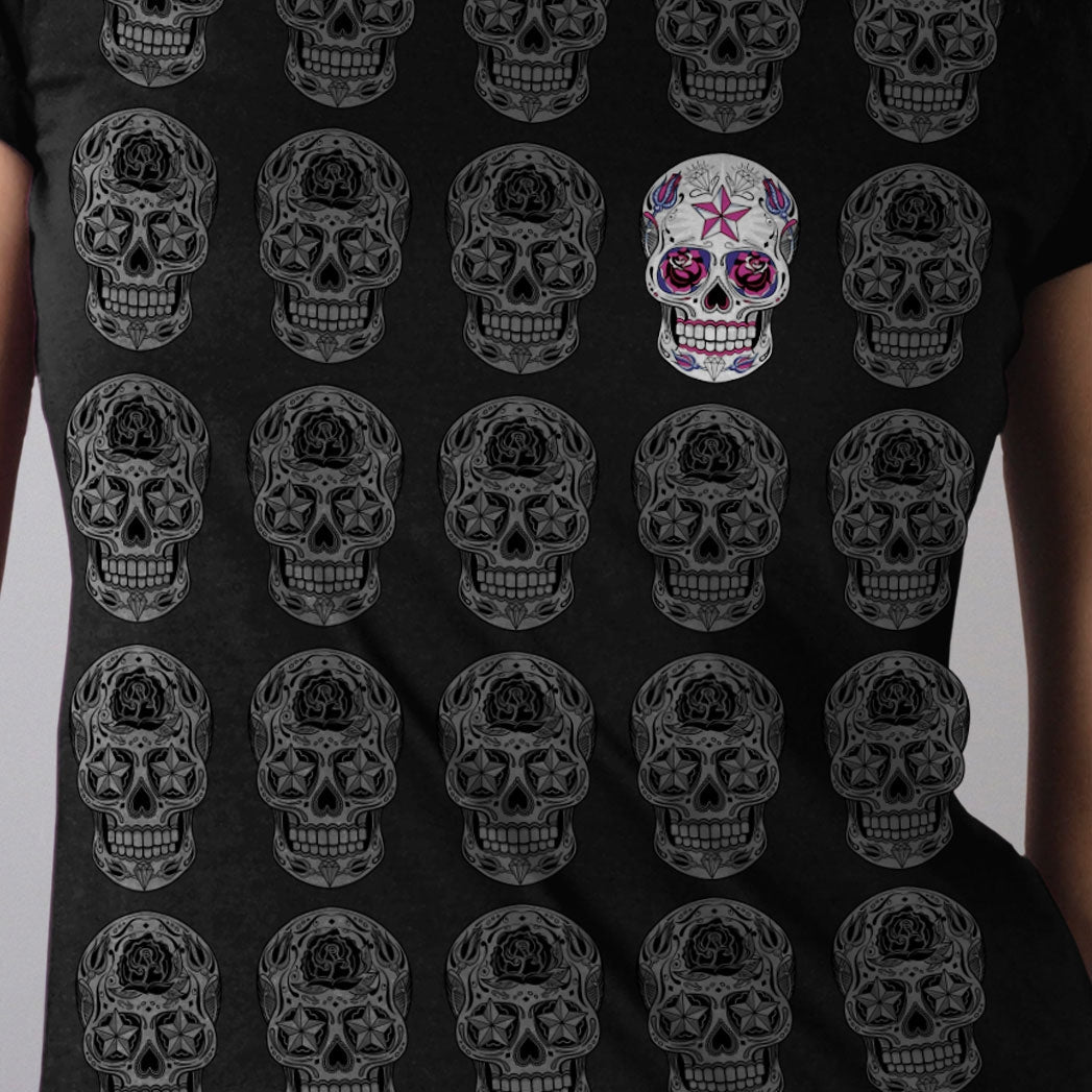 Sugar Skull Pattern Ladies Full Cut Black T-Shirt