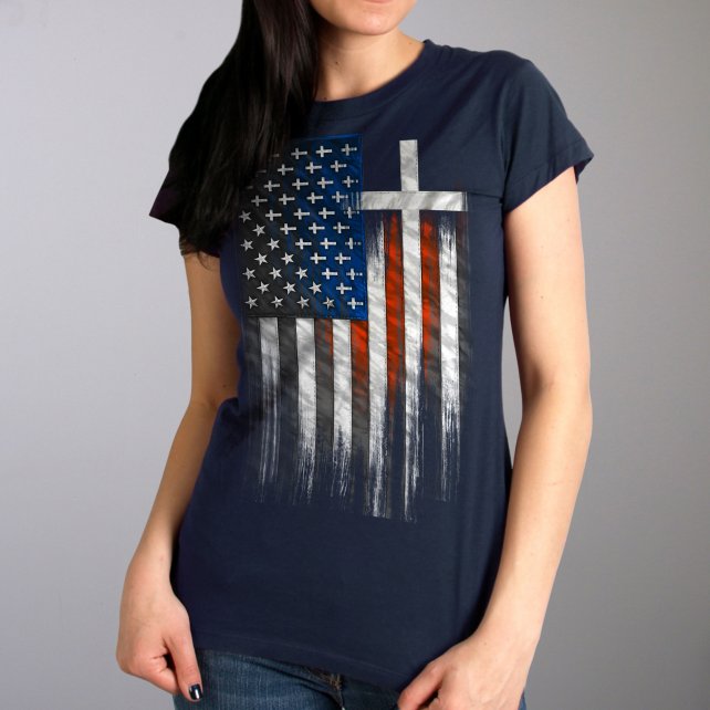 American Flag Crosses Ladies Black T-Shirt