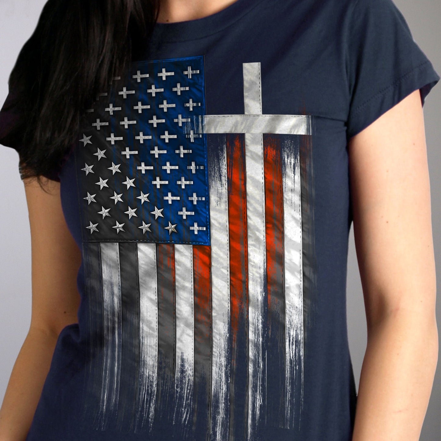 American Flag Crosses Ladies Black T-Shirt