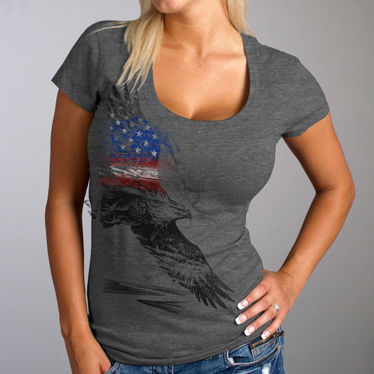 Ladies Pencil Eagle Patriotic Short Sleeve Heather Dark Gray T-Shirt