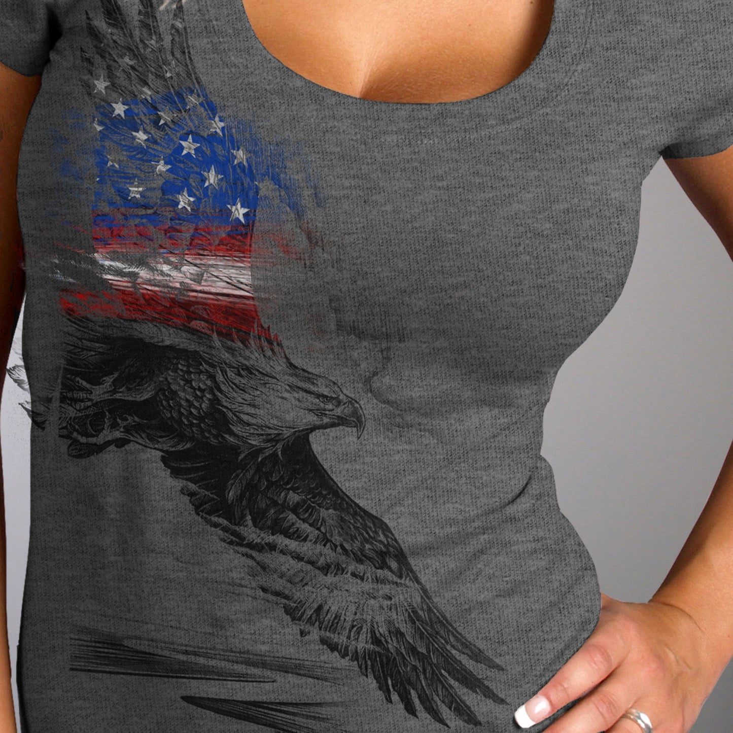Ladies Pencil Eagle Patriotic Short Sleeve Heather Dark Gray T-Shirt