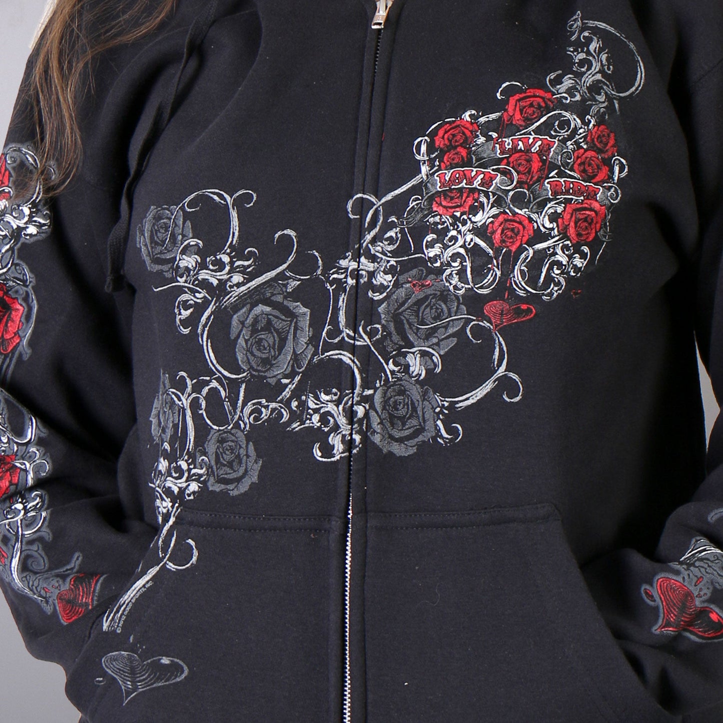 Ladies Black Hoodie Sweatshirt with Live, Love, Ride and Roses Artwork