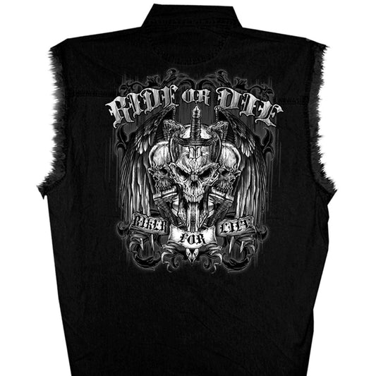 Mens Ride or Die Skull Sleeveless Denim Black Shirt
