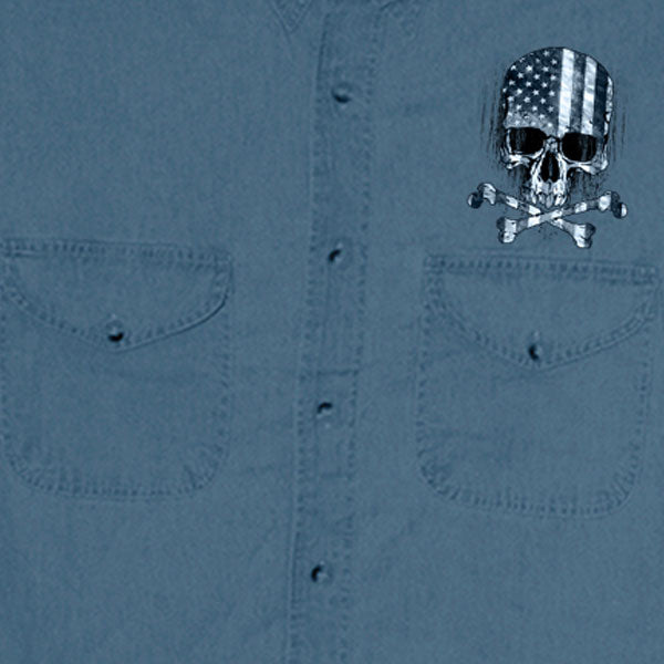 Mens 'Flag and Skull' Sleeveless Blue Denim Shirt